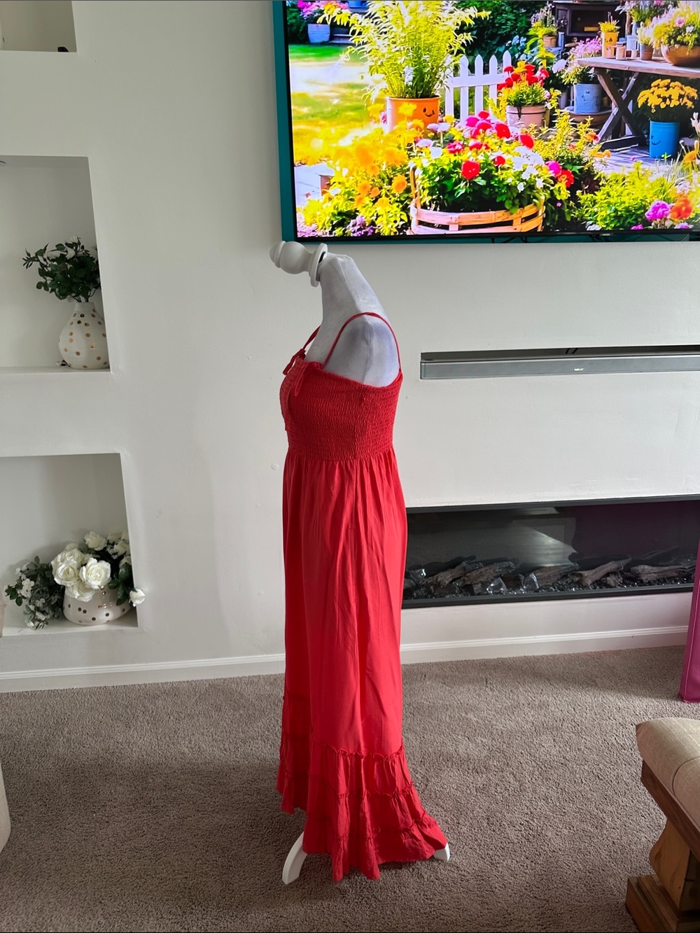 Soma Red Maxi Dress with Smocked Bodice - Picture 3 of 8